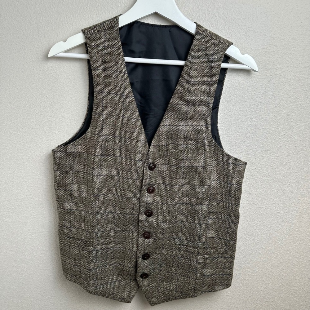 VOBOOM Herringbone Tweed Suit Vest Small Slim Fit Brown Plaid 6-Button Waistcoat